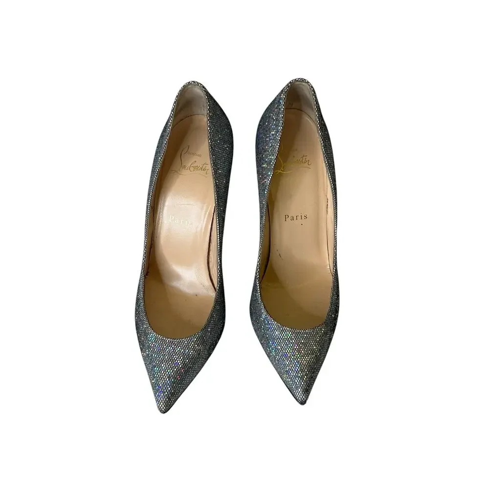 Christian Louboutin Silver Holographic Glitter Mesh Pointed Toe Pumps - 37.5